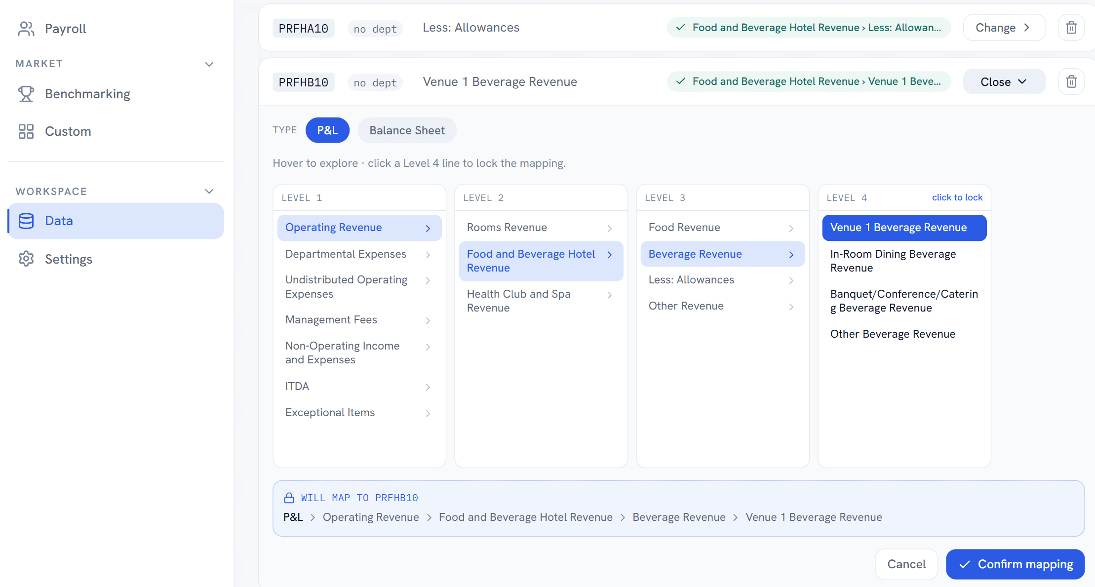 GL mapping picker with a beverage revenue account being mapped through four USALI levels to Venue 1 Beverage Revenue