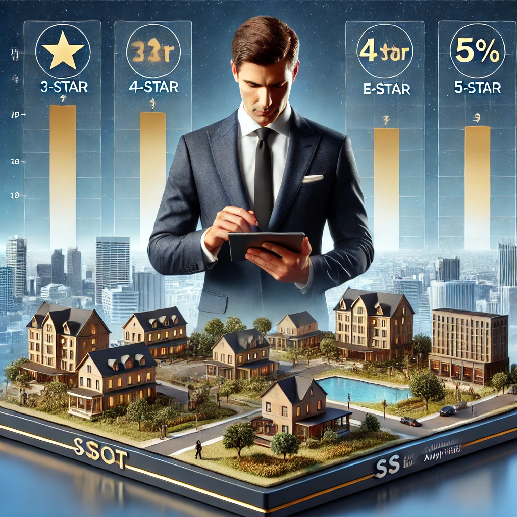 Illustration of a hotel manager reading a tablet above model hotels, with bar charts for 3, 4 and 5-star hotels