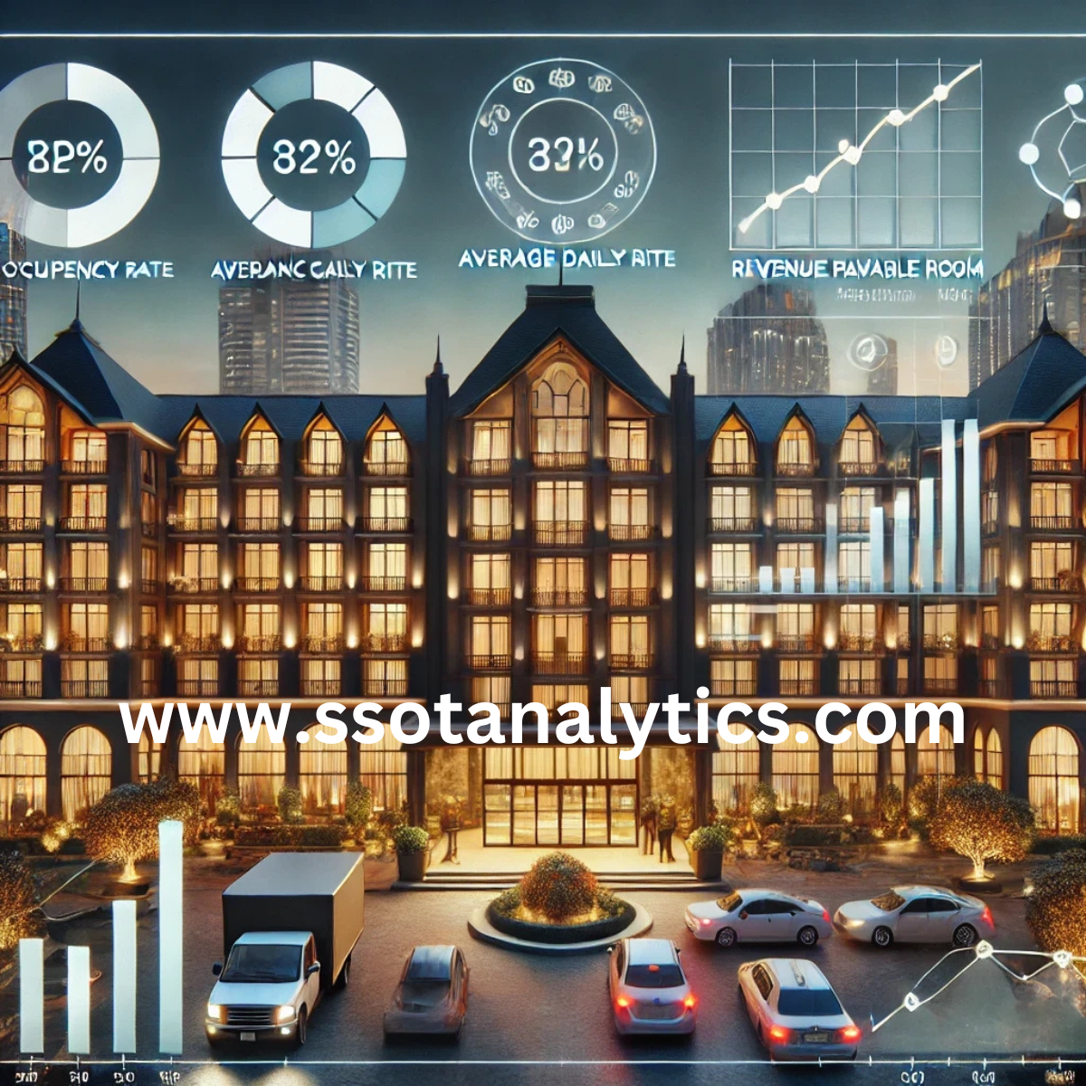 Illustration of a hotel at night with occupancy, average daily rate and RevPAR charts and the SSOT Analytics web address