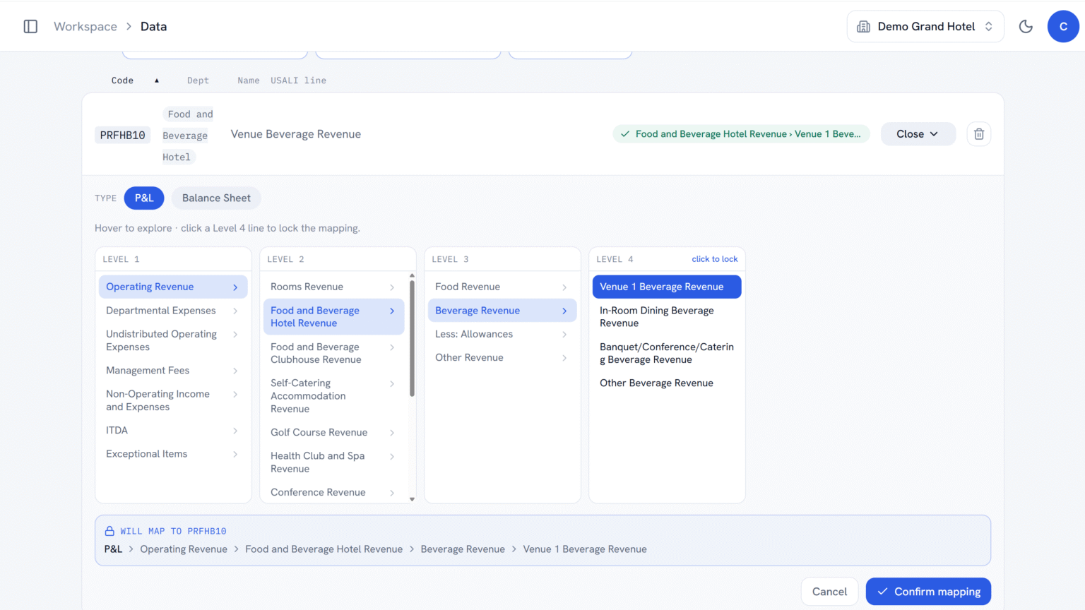 SSOT Analytics mapping tool showing a hotel chart of accounts mapped in USALI structure across four levels