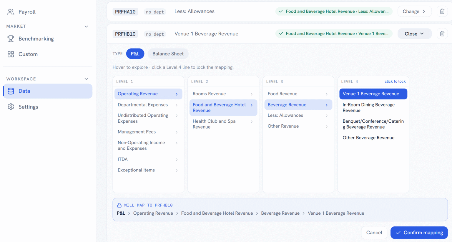 SSOT Analytics mapping tool showing a hotel chart of accounts mapped in USALI structure across four levels
